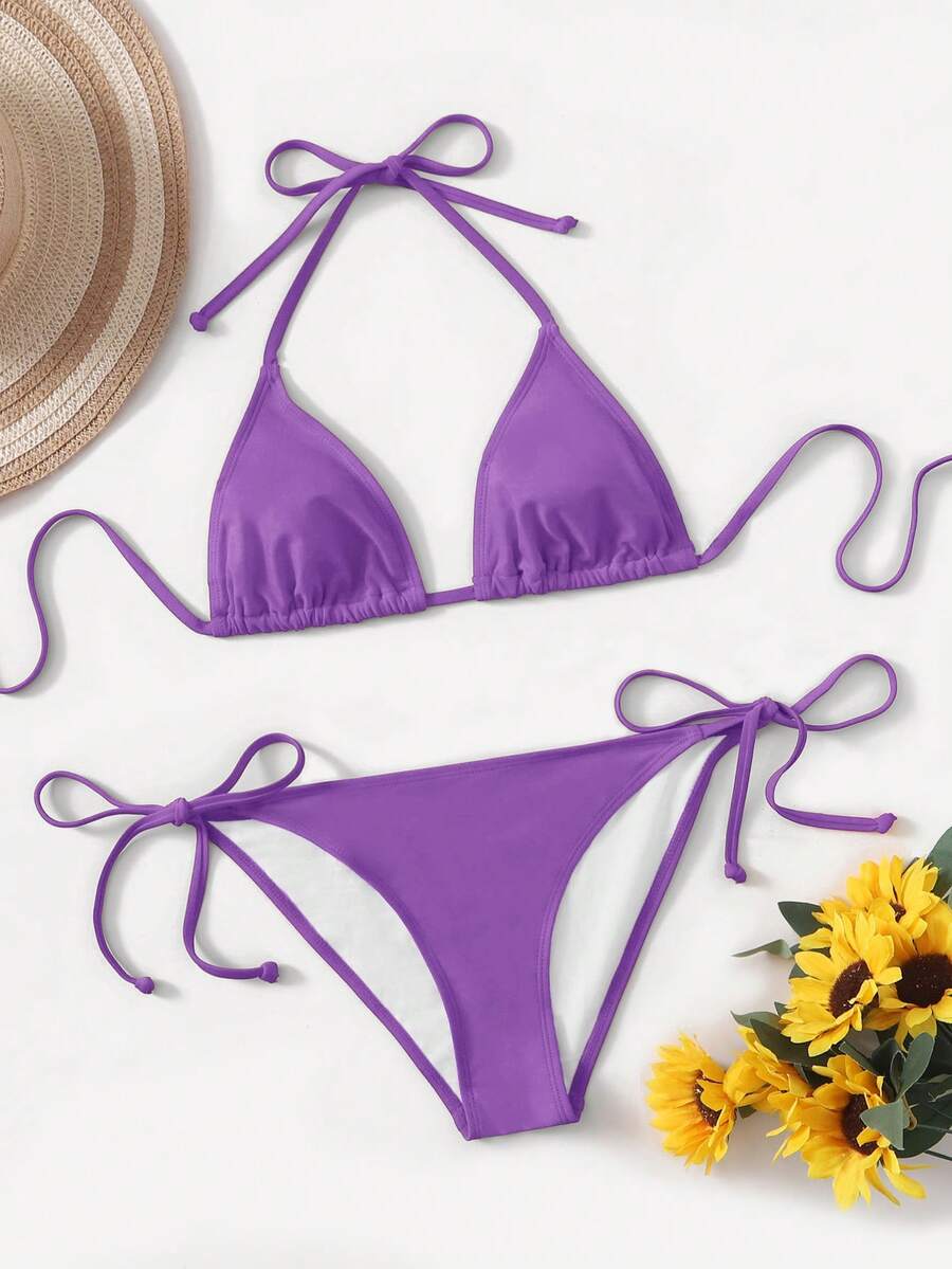 Women's high waist halter tie bikini swimwear set featuring triangle cups, wireless bra with removable padding, and tie side bottoms.