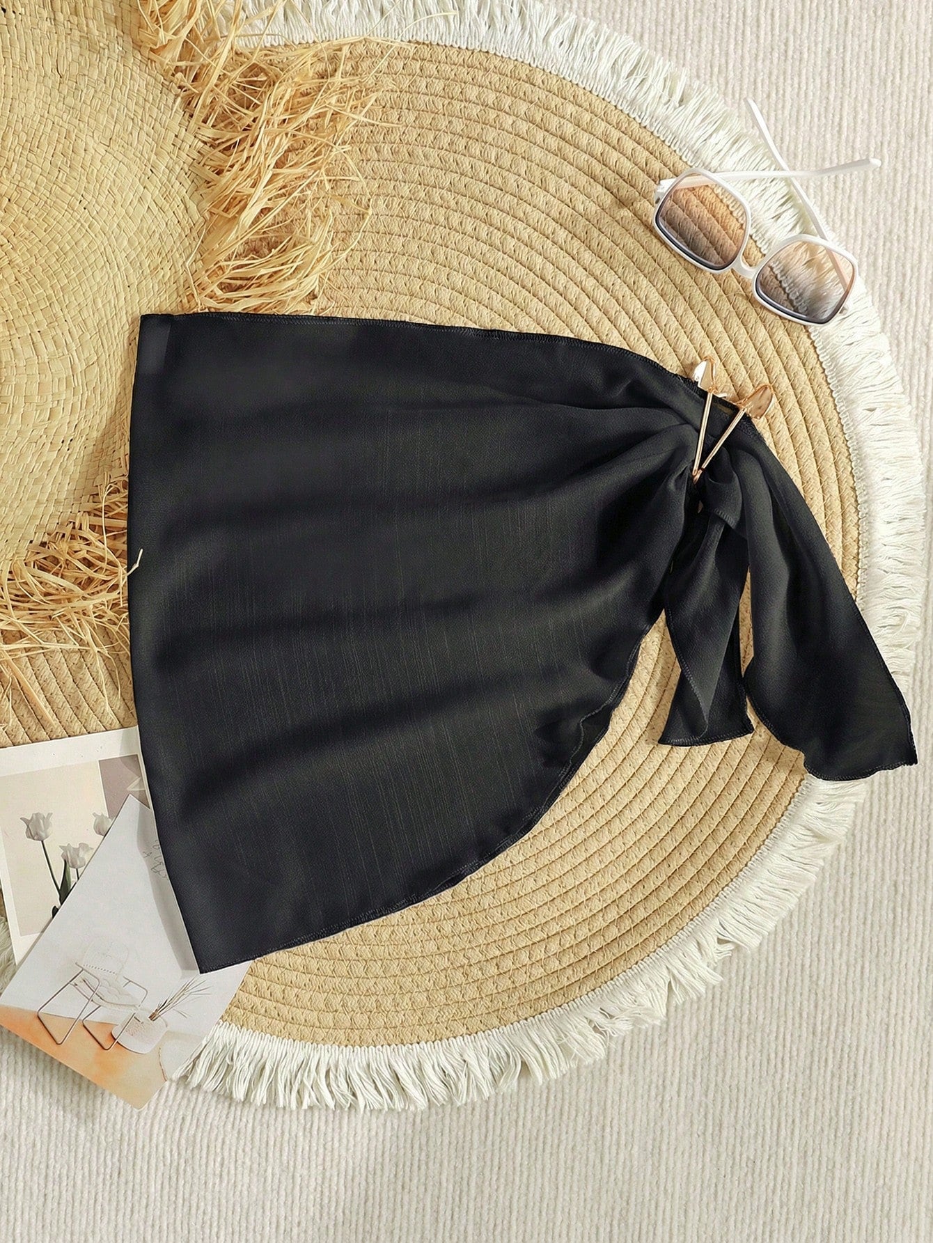 Black sheer beach wrap sarong for tween girls with metal starfish decor and asymmetrical short silhouette