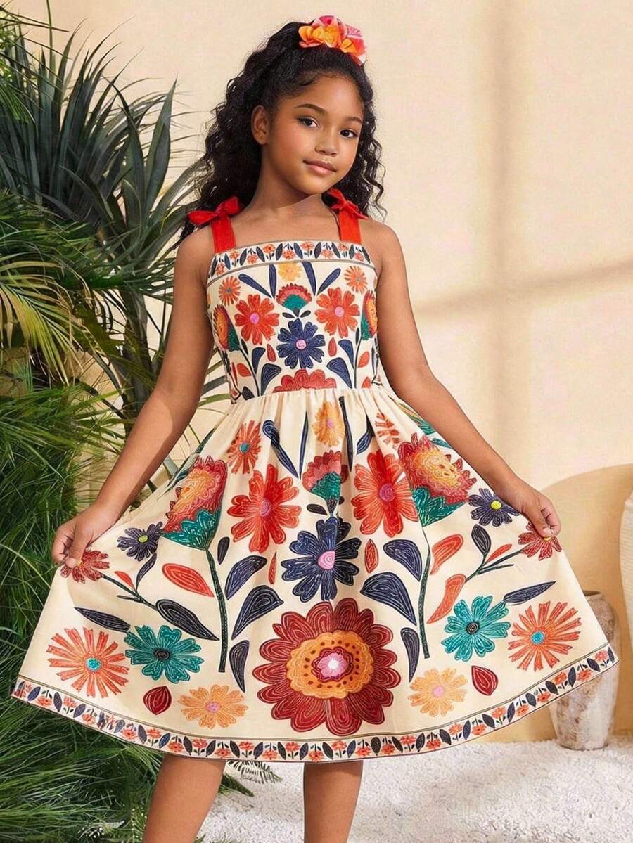 Tween girls multicolor floral print cami dress with spaghetti straps, shirred detail, belted high waist, zipper closure, and flared short hem.