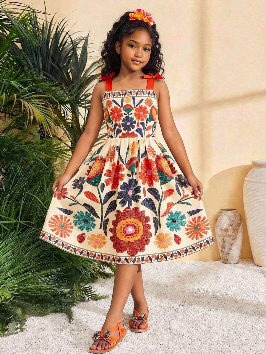 Tween girls multicolor floral print cami dress with spaghetti straps, shirred detail, belted high waist, zipper closure, and flared short hem.