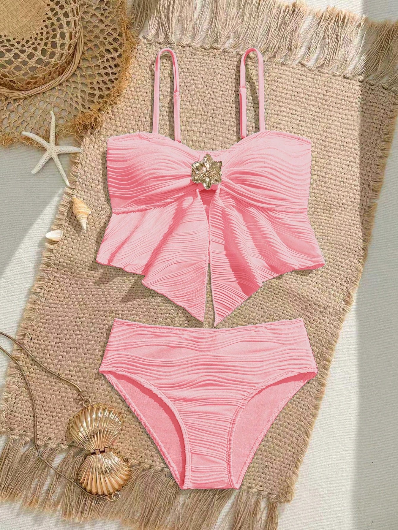 Tween girls two-piece tankini swimwear set with spaghetti straps, asymmetrical design, and 3D rose detail. Features a plant-pattern top and mid-waist bottoms in stretchy fabric for beach or pool wear.