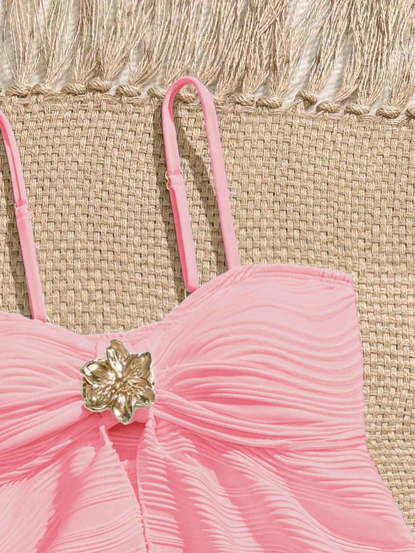 Tween girls two-piece tankini swimwear set with spaghetti straps, asymmetrical design, and 3D rose detail. Features a plant-pattern top and mid-waist bottoms in stretchy fabric for beach or pool wear.