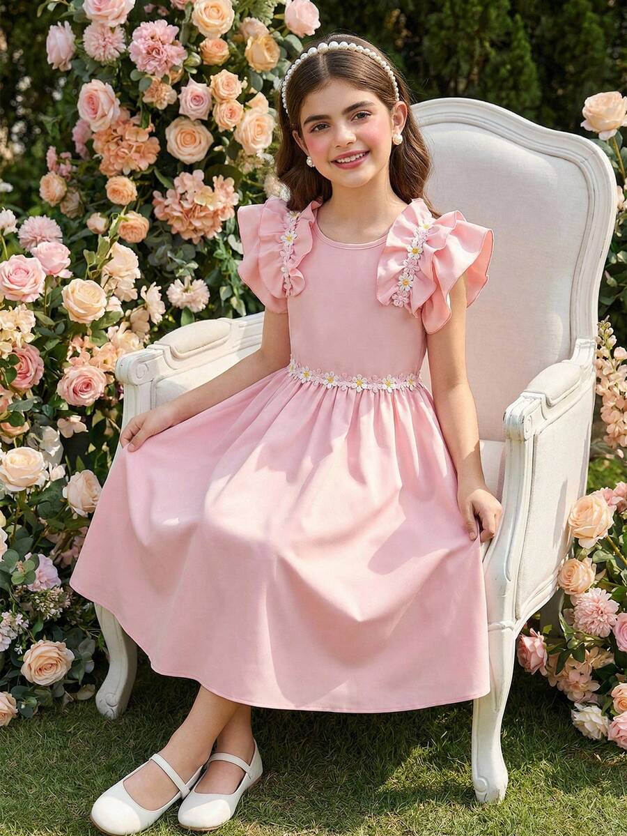 Tween girls dusty blue casual A-line dress with round neck, ruffle accents, high waist, and flared hem.