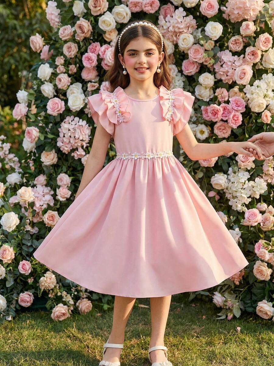 Tween girls dusty blue casual A-line dress with round neck, ruffle accents, high waist, and flared hem.
