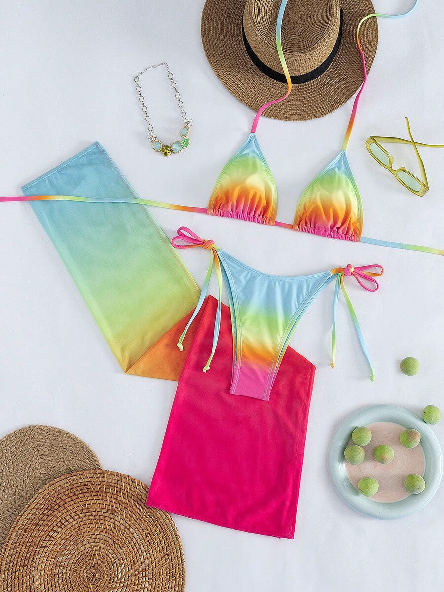 Women's 3-piece gradient bikini set featuring a green halter tie top with removable padding, low waist bottoms, and a matching sheer mesh skirt.
