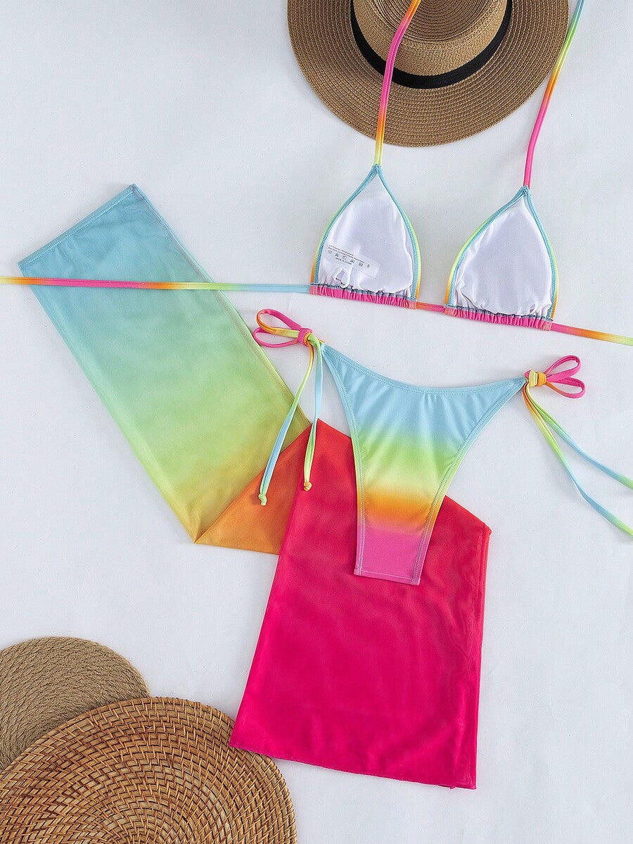 Women's 3-piece gradient bikini set featuring a green halter tie top with removable padding, low waist bottoms, and a matching sheer mesh skirt.
