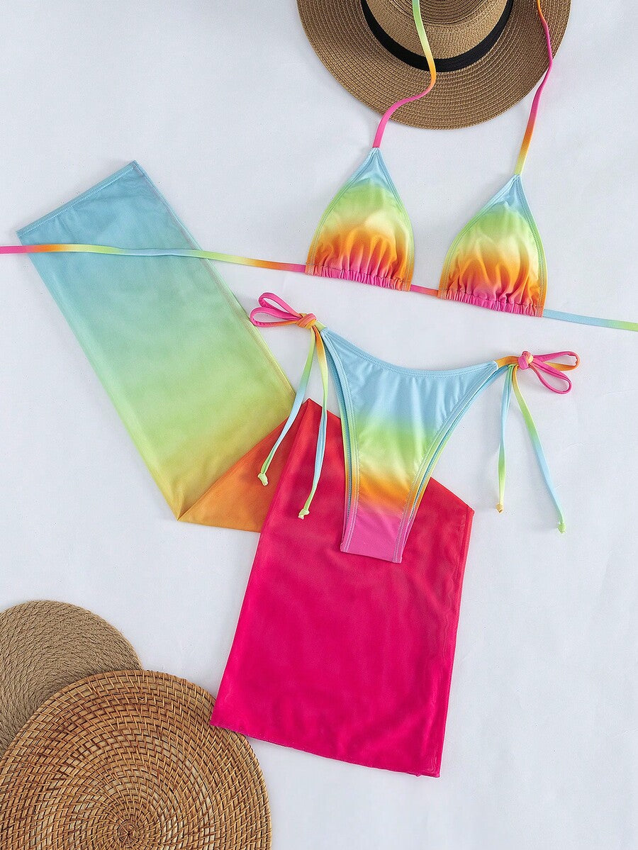 Women's 3-piece gradient bikini set featuring a green halter tie top with removable padding, low waist bottoms, and a matching sheer mesh skirt.