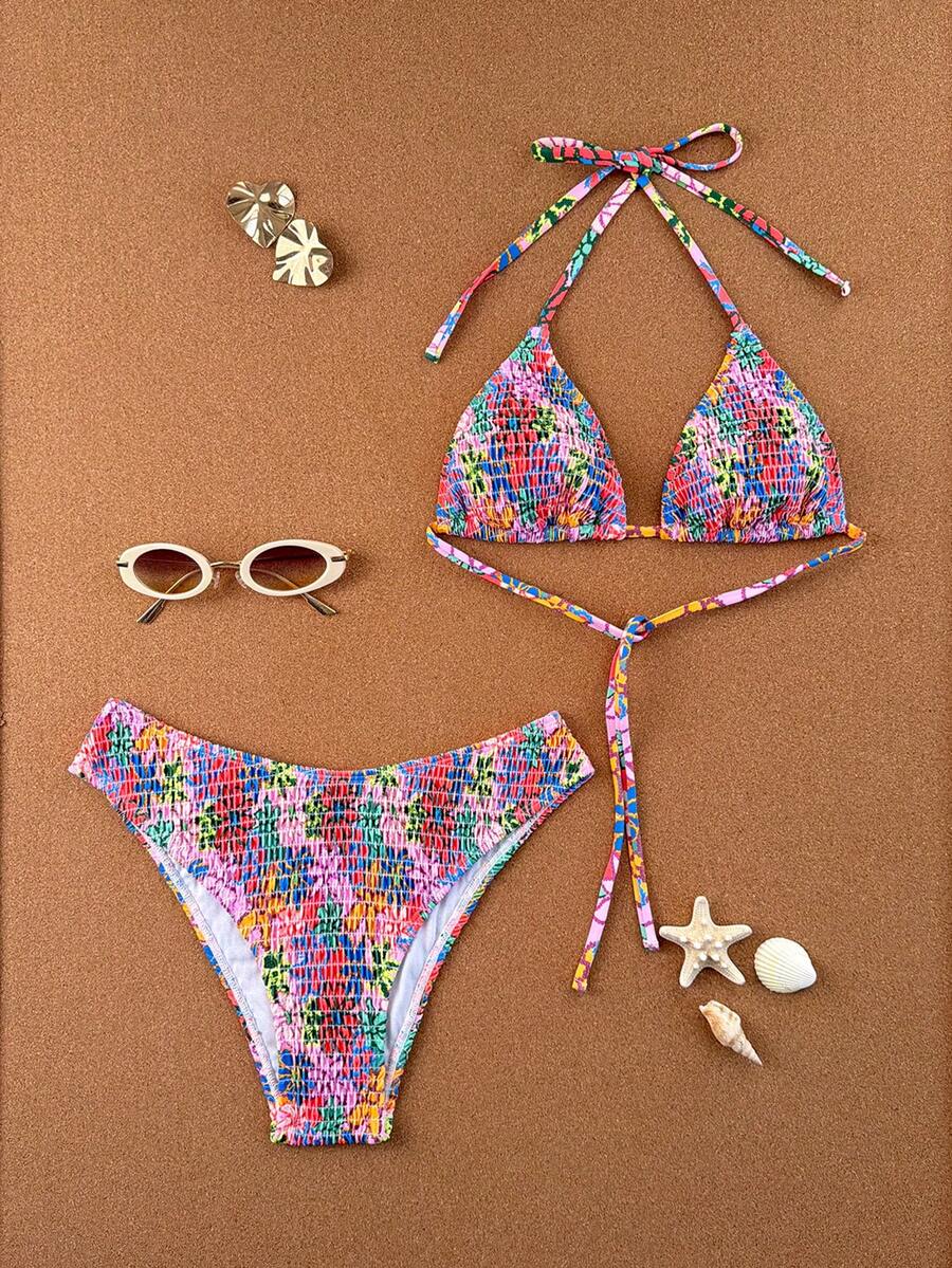 Women's apricot 2-piece halter bikini set featuring a wireless triangle top with tie-back detail and high-waisted high-cut bottoms.