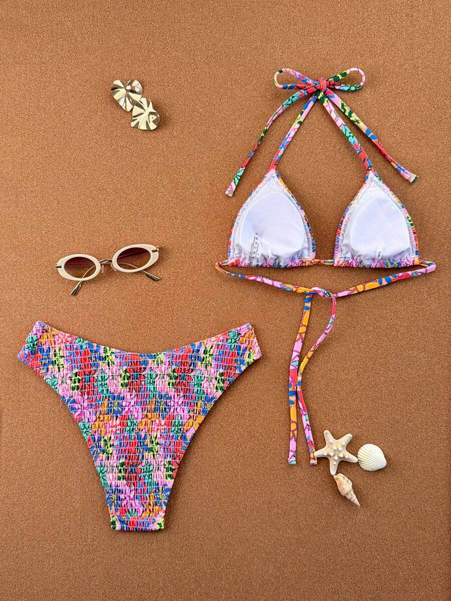 Women's apricot 2-piece halter bikini set featuring a wireless triangle top with tie-back detail and high-waisted high-cut bottoms.