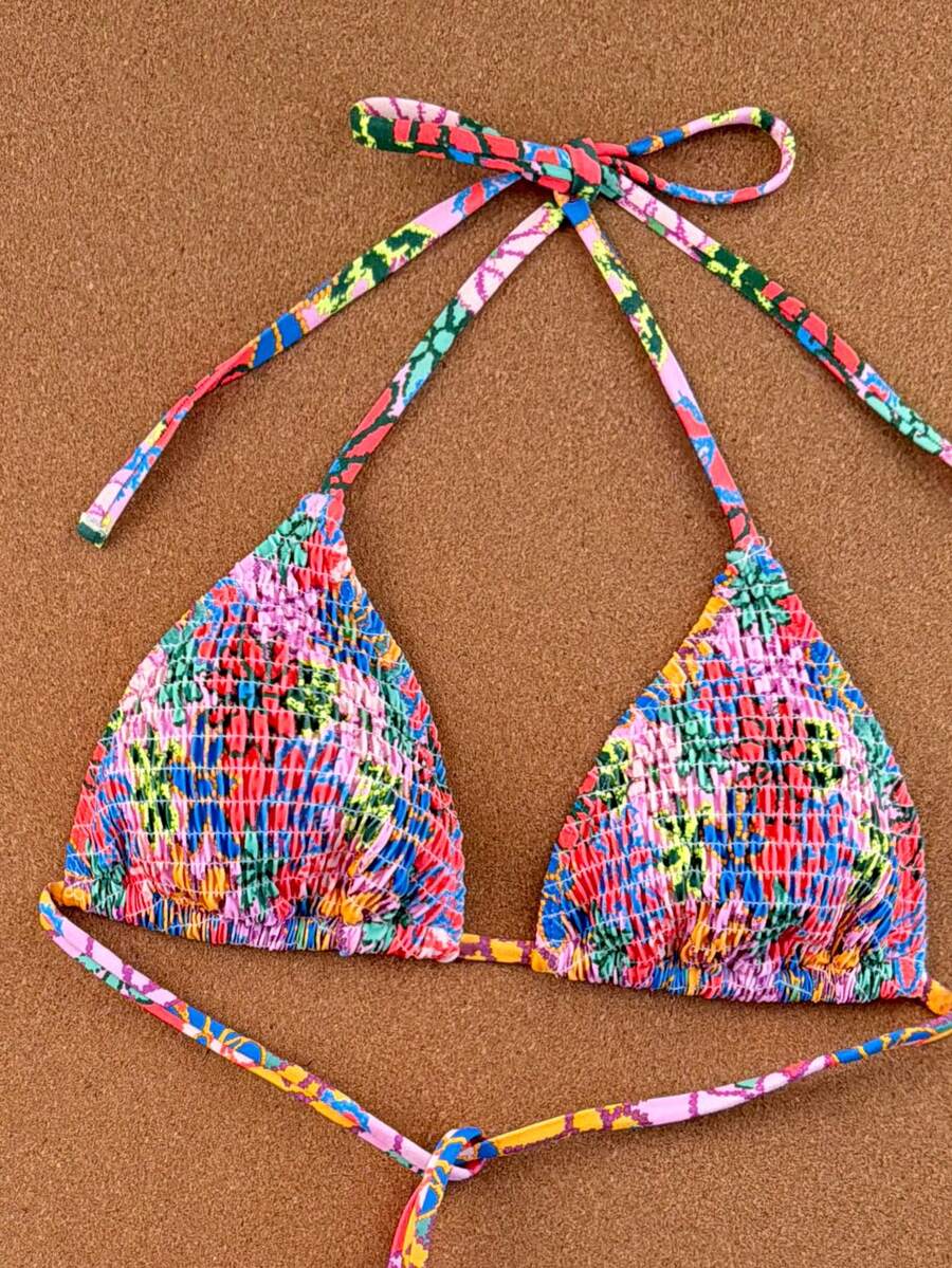 Women's apricot 2-piece halter bikini set featuring a wireless triangle top with tie-back detail and high-waisted high-cut bottoms.