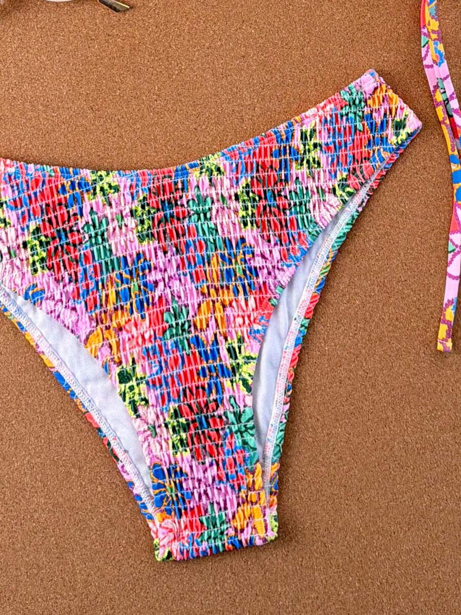 Women's apricot 2-piece halter bikini set featuring a wireless triangle top with tie-back detail and high-waisted high-cut bottoms.
