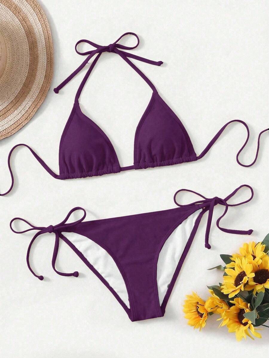 Women's high waist halter tie bikini swimwear set featuring triangle cups, wireless bra with removable padding, and tie side bottoms.