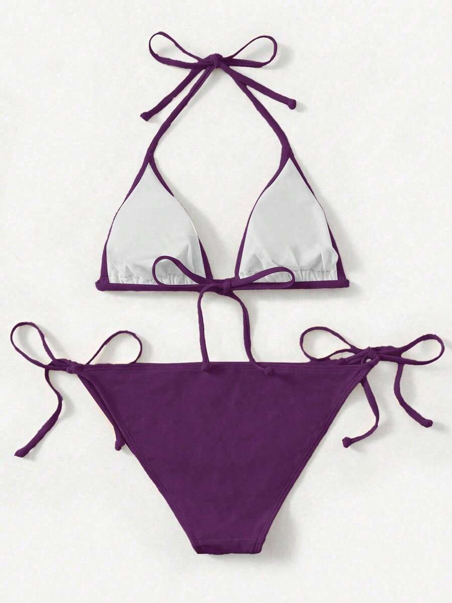 Women's high waist halter tie bikini swimwear set featuring triangle cups, wireless bra with removable padding, and tie side bottoms.