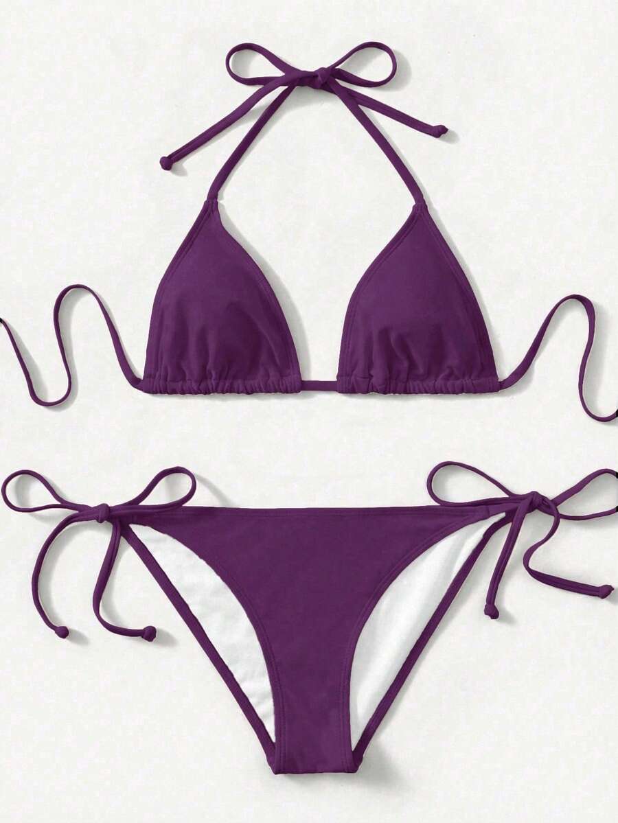 Women's high waist halter tie bikini swimwear set featuring triangle cups, wireless bra with removable padding, and tie side bottoms.