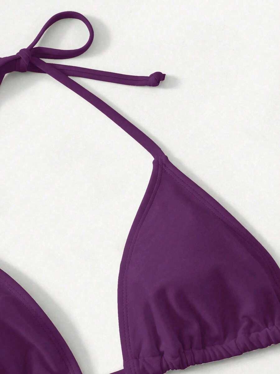 Women's high waist halter tie bikini swimwear set featuring triangle cups, wireless bra with removable padding, and tie side bottoms.