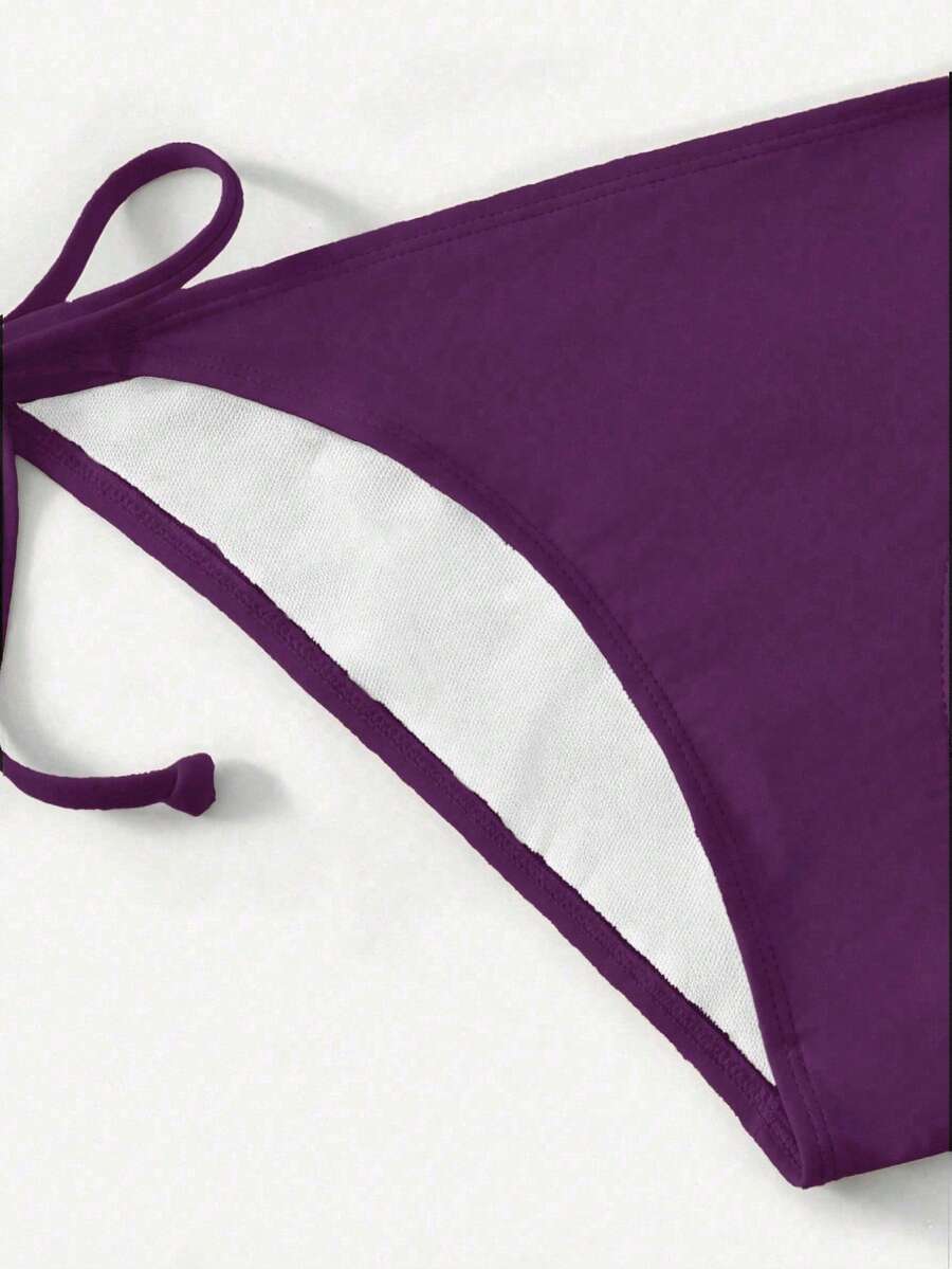 Women's high waist halter tie bikini swimwear set featuring triangle cups, wireless bra with removable padding, and tie side bottoms.