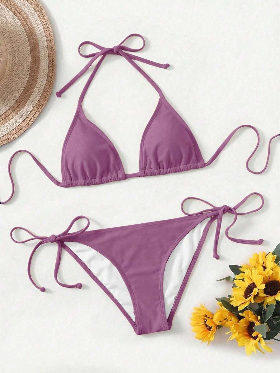Women's high waist halter tie bikini swimwear set featuring triangle cups, wireless bra with removable padding, and tie side bottoms.