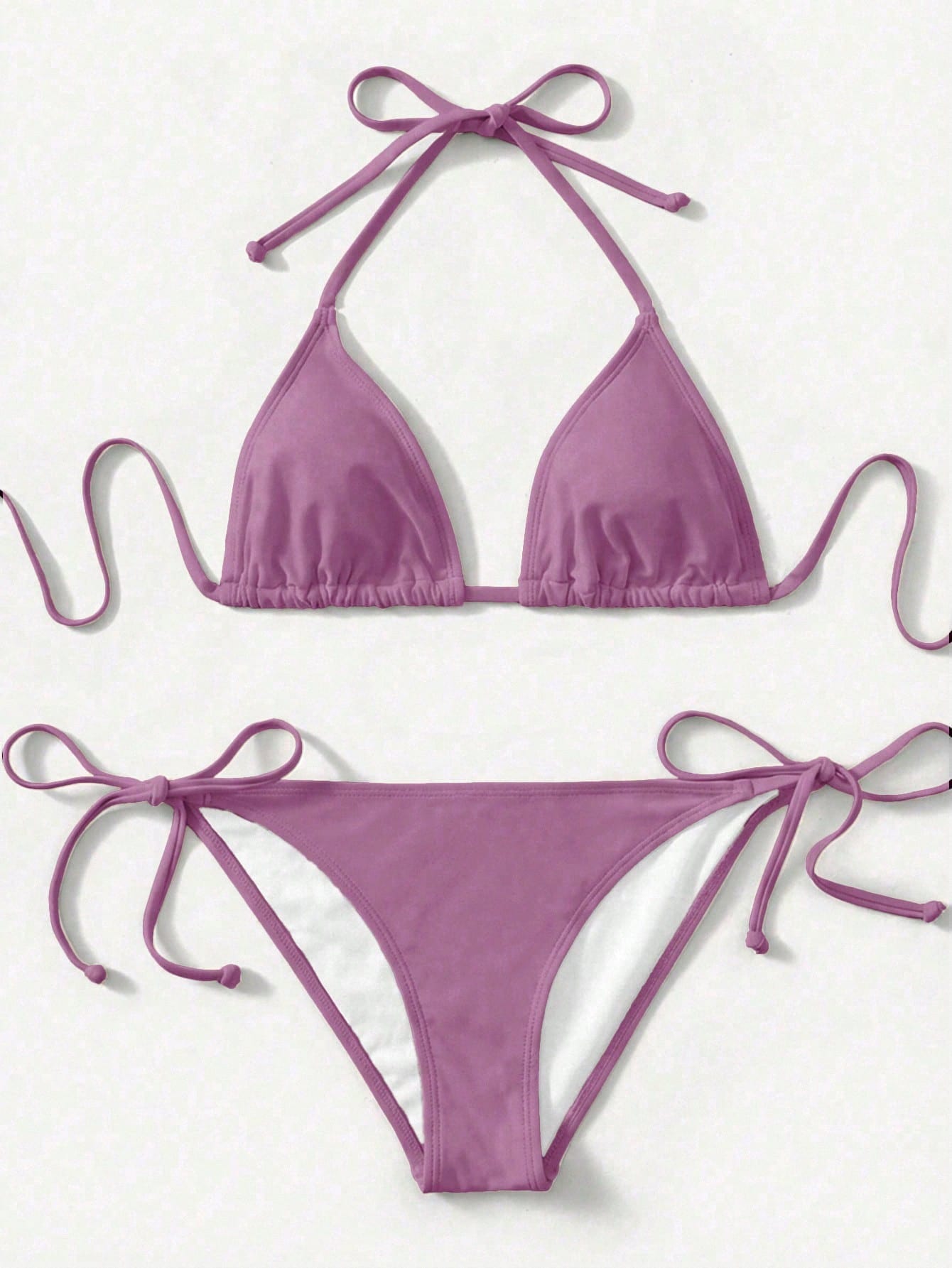 Women's high waist halter tie bikini swimwear set featuring triangle cups, wireless bra with removable padding, and tie side bottoms.