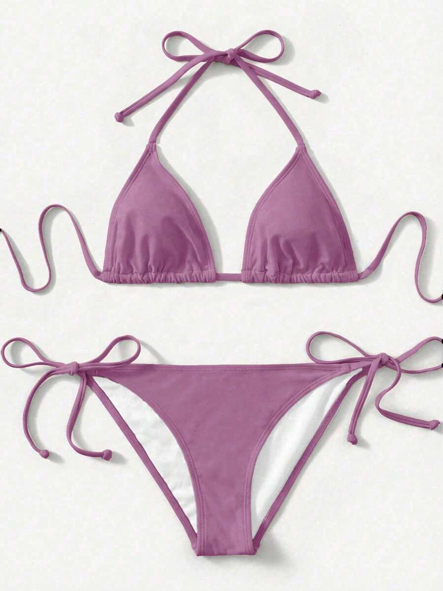 Women's high waist halter tie bikini swimwear set featuring triangle cups, wireless bra with removable padding, and tie side bottoms.