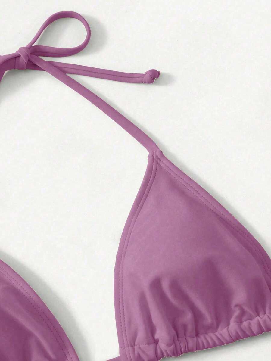 Women's high waist halter tie bikini swimwear set featuring triangle cups, wireless bra with removable padding, and tie side bottoms.