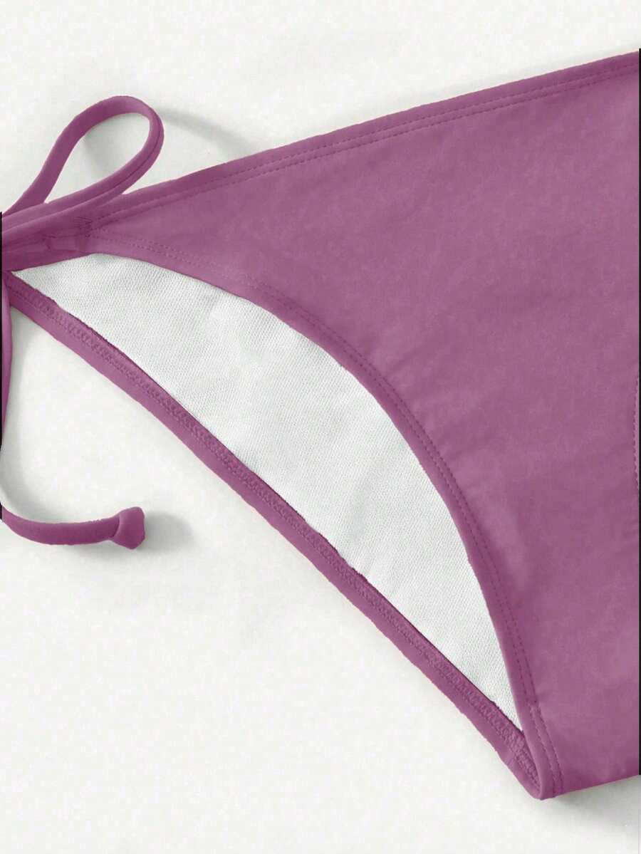 Women's high waist halter tie bikini swimwear set featuring triangle cups, wireless bra with removable padding, and tie side bottoms.