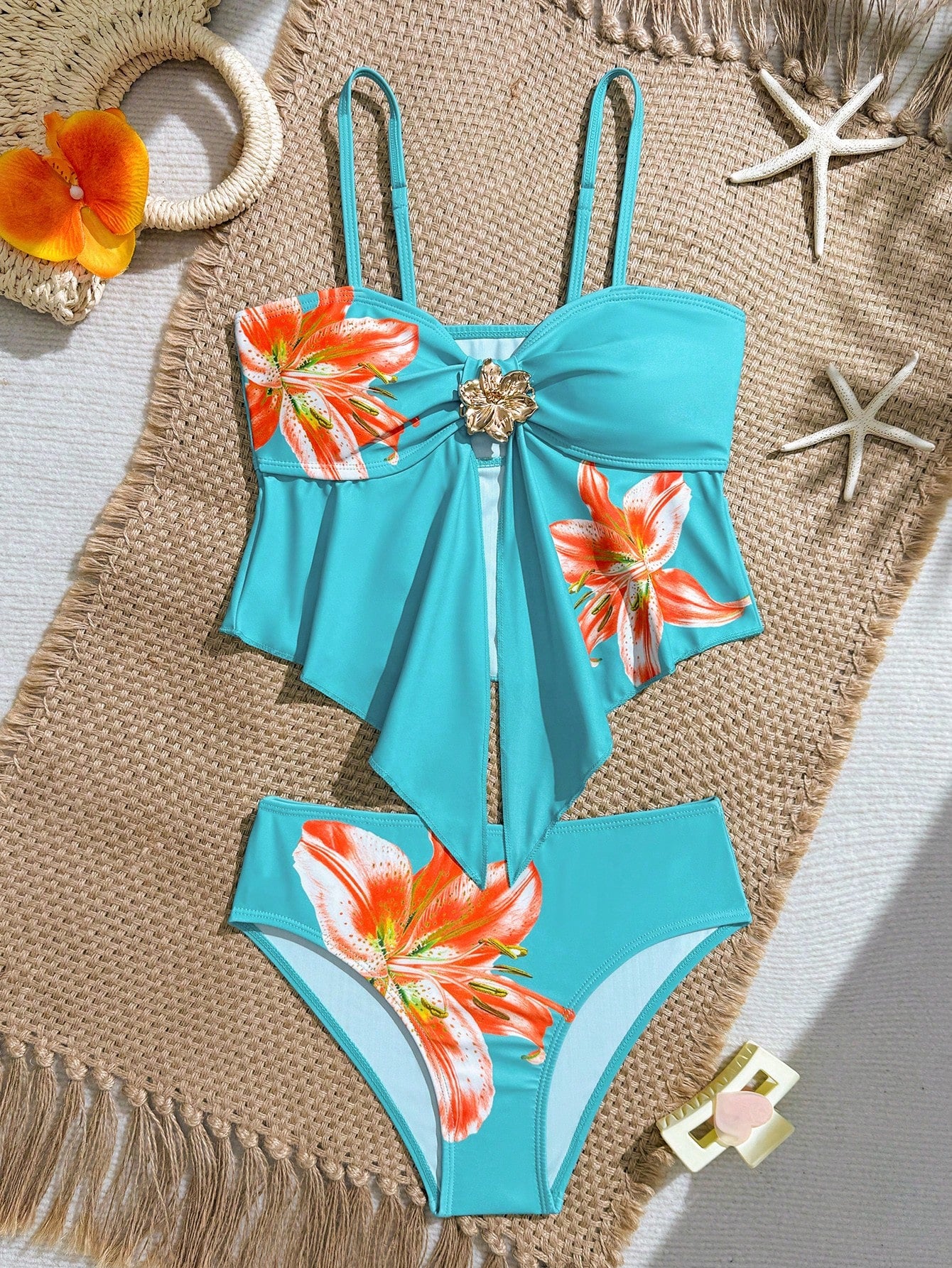 Tween girls two-piece tankini swimwear set with spaghetti straps, asymmetrical design, and 3D rose detail. Features a plant-pattern top and mid-waist bottoms in stretchy fabric for beach or pool wear.