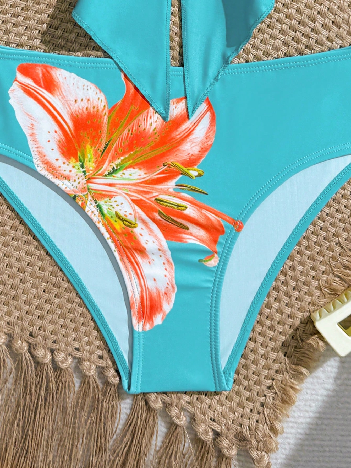 Tween girls 2-piece tankini swimwear set in apricot with a textured jacquard look, asymmetrical spaghetti-strap sleeveless top, and matching mid-waist short bikini bottoms.