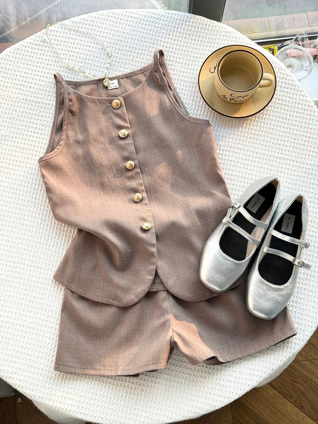 Tween girls apricot striped knit camisole top with button front paired with matching casual elastic waist shorts