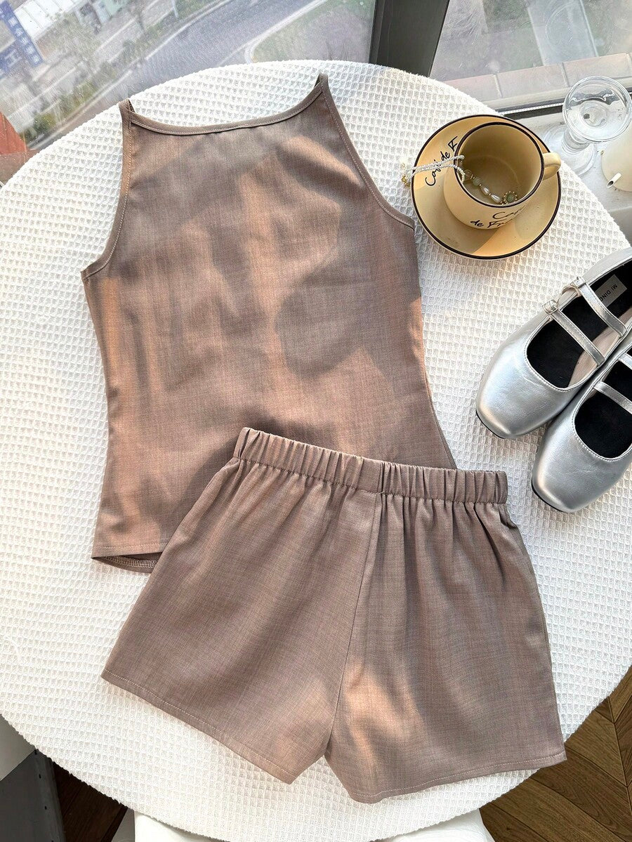 Tween girls apricot striped knit camisole top with button front paired with matching casual elastic waist shorts