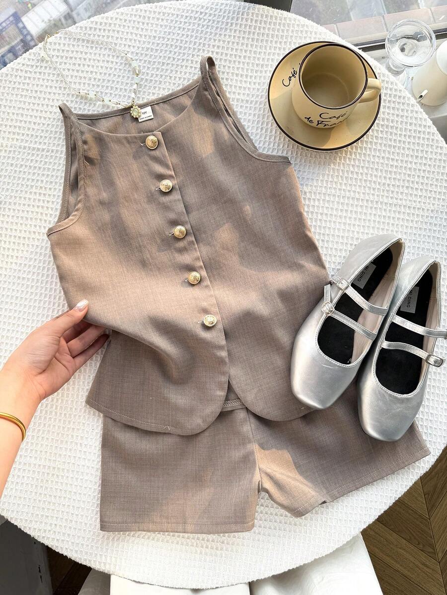 Tween girls apricot striped knit camisole top with button front paired with matching casual elastic waist shorts