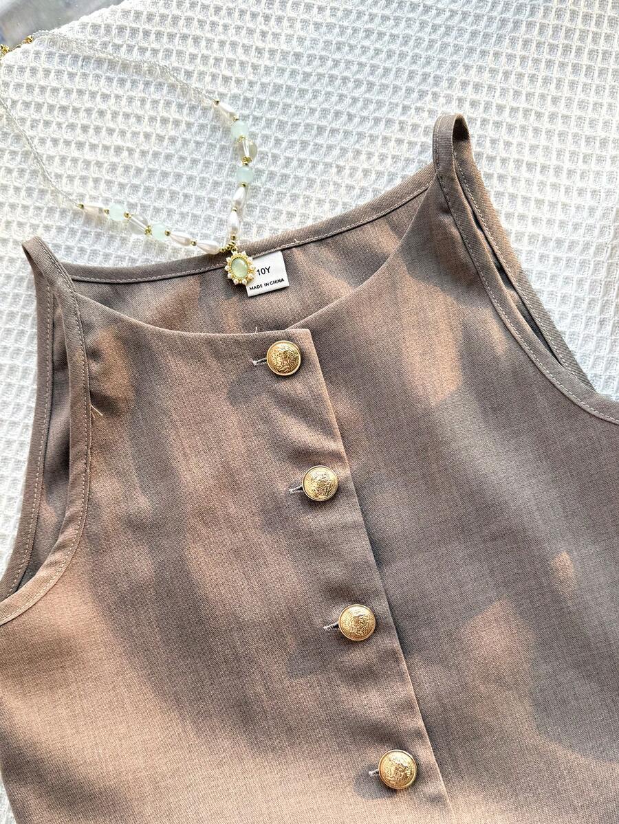 Tween girls apricot striped knit camisole top with button front paired with matching casual elastic waist shorts