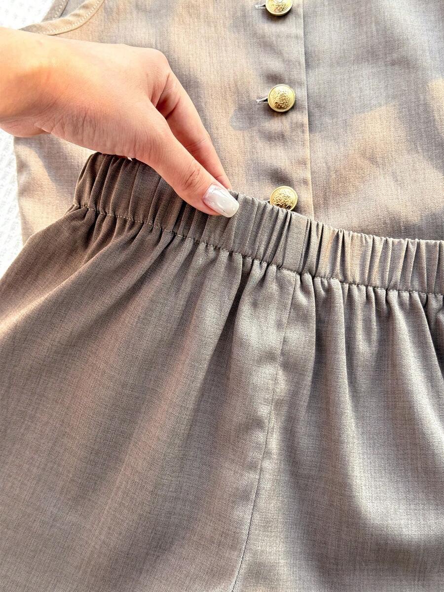Tween girls apricot striped knit camisole top with button front paired with matching casual elastic waist shorts