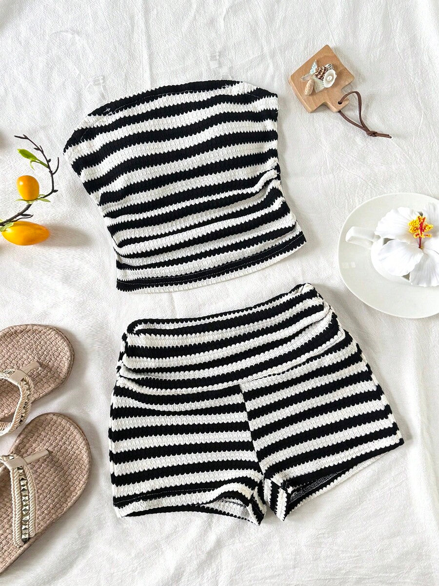 Black striped rib-knit halter tank top with lettuce trim and matching casual shorts for tween girls.