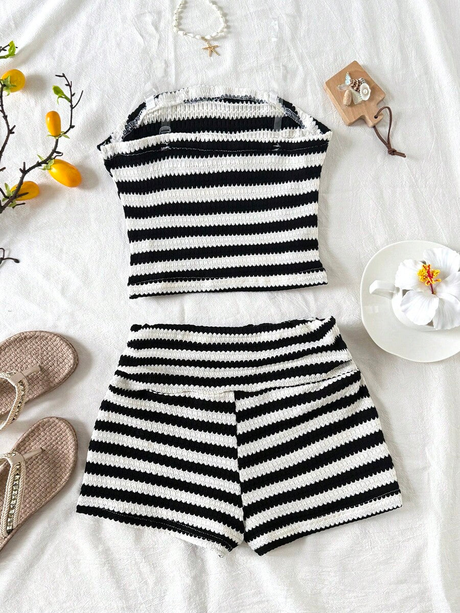 Black striped rib-knit halter tank top with lettuce trim and matching casual shorts for tween girls.