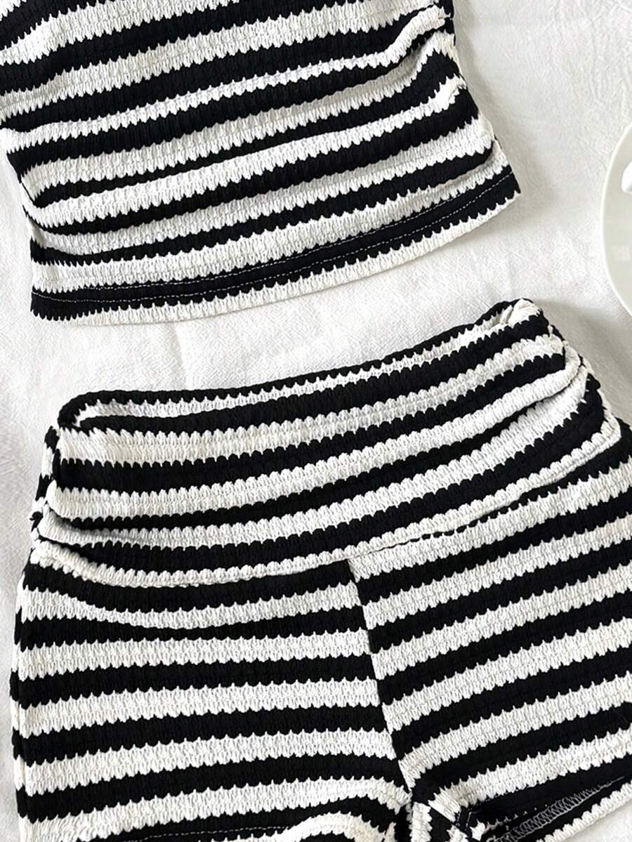 Black striped rib-knit halter tank top with lettuce trim and matching casual shorts for tween girls.