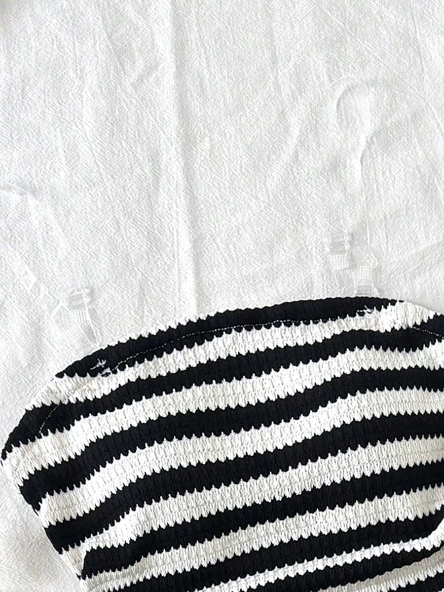 Black striped rib-knit halter tank top with lettuce trim and matching casual shorts for tween girls.