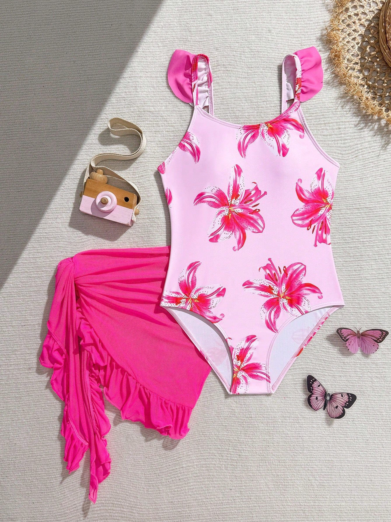 Tween Girls Floral Print One-Piece Swimsuit With Tie-Front Skirt Hibiscus Swimsuit Girls Black With Pink Flower Swimsuit Tween Hawaiian Outfit Black One Piece Bathing Suit With Skirt