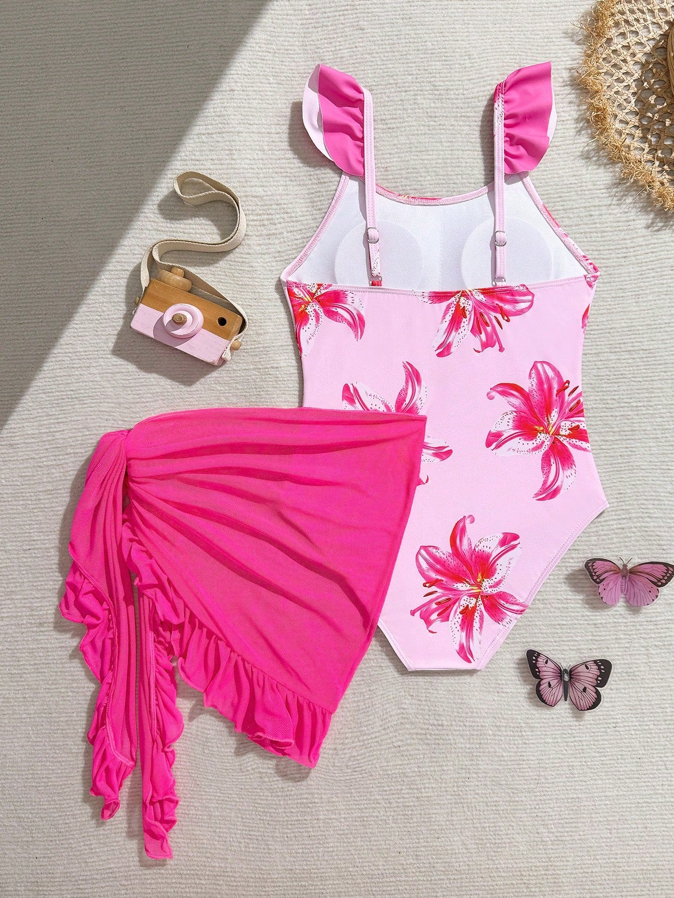 Tween Girls Floral Print One-Piece Swimsuit With Tie-Front Skirt Hibiscus Swimsuit Girls Black With Pink Flower Swimsuit Tween Hawaiian Outfit Black One Piece Bathing Suit With Skirt