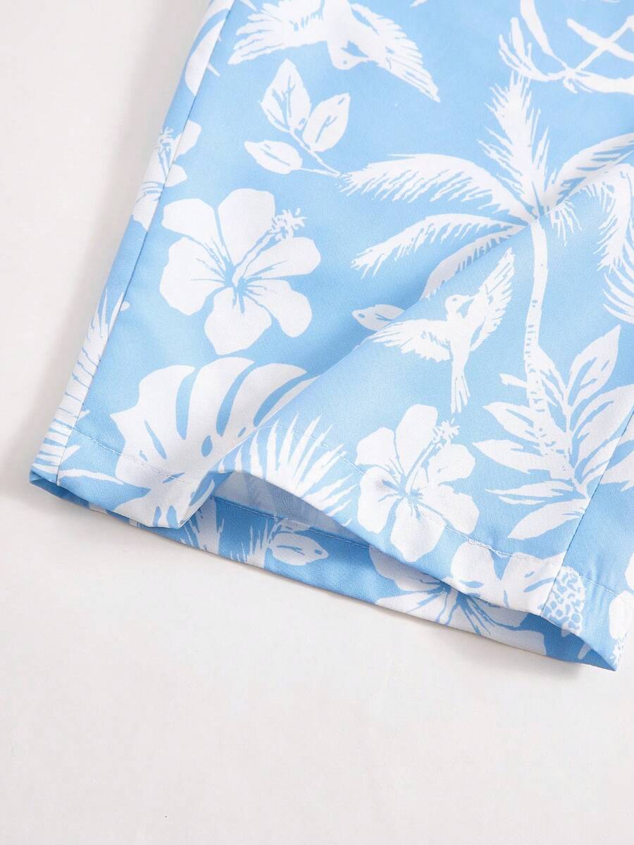 Tween girls light blue 2-piece summer vacation outfit featuring a plant print spaghetti strap camisole top with shirred ruffle hem and wide-leg long pants.