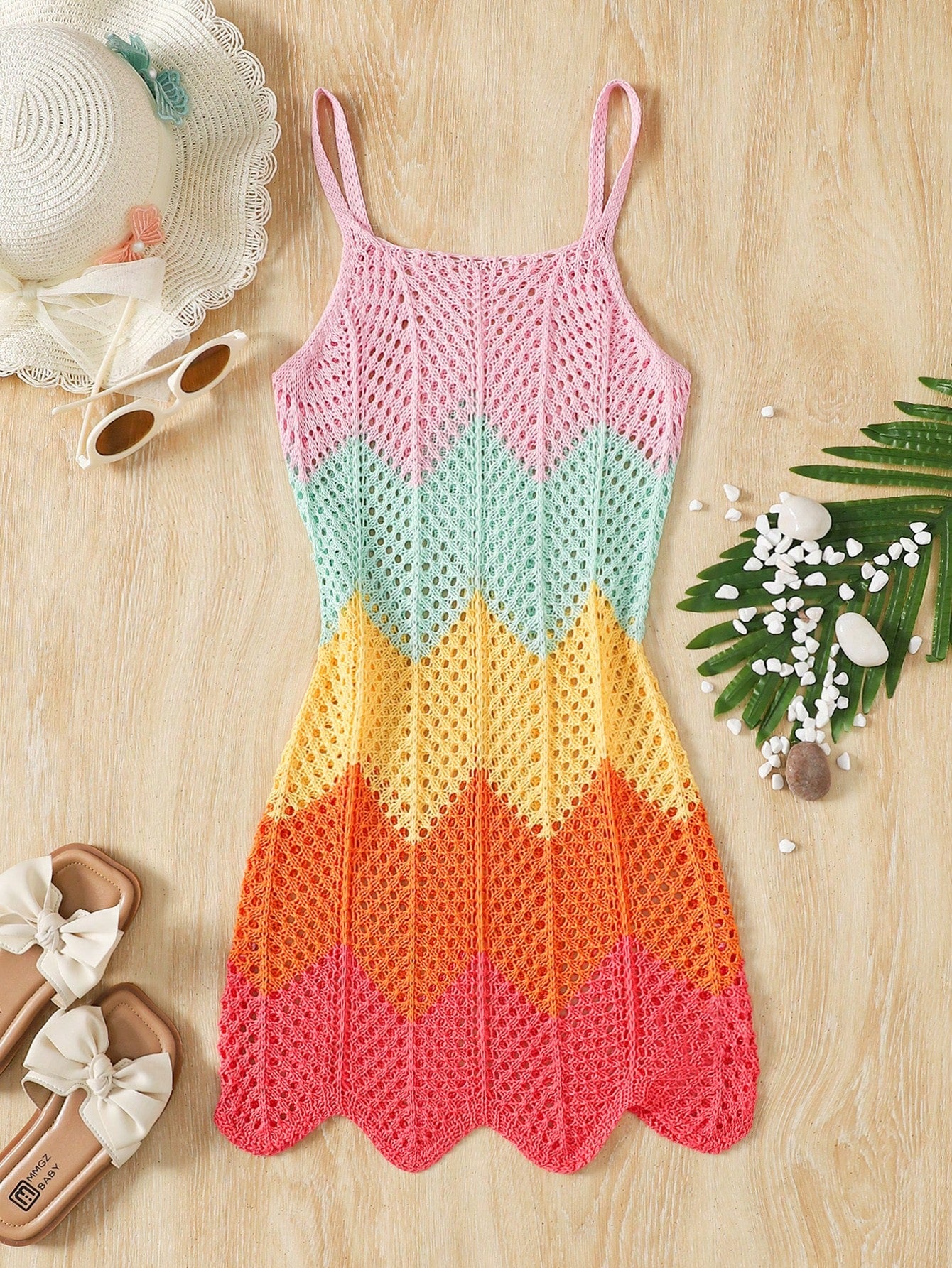 Girls' Summer Crochet Mesh Cami Dress Cover-Up, White Casual Beach Vacation Tween Girl