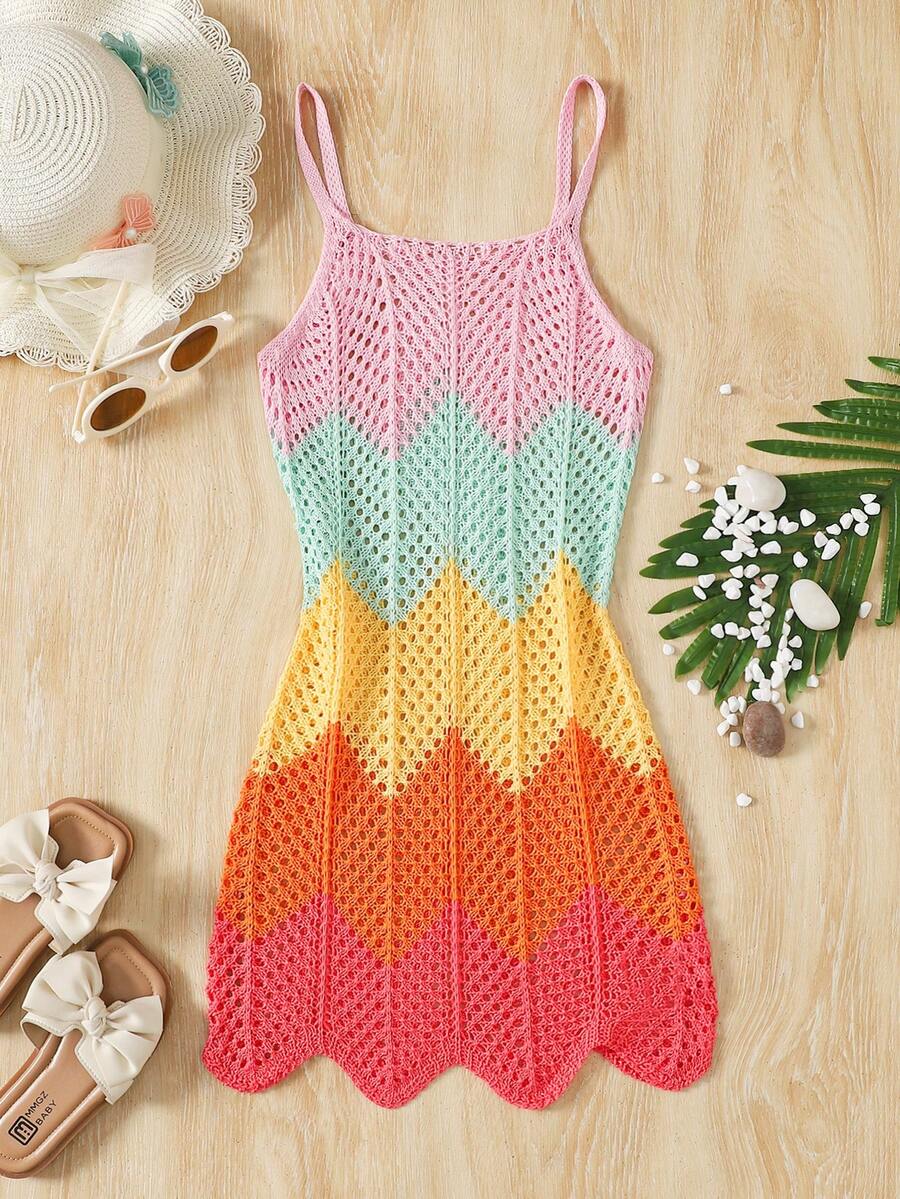 Girls' Summer Crochet Mesh Cami Dress Cover-Up, White Casual Beach Vacation Tween Girl