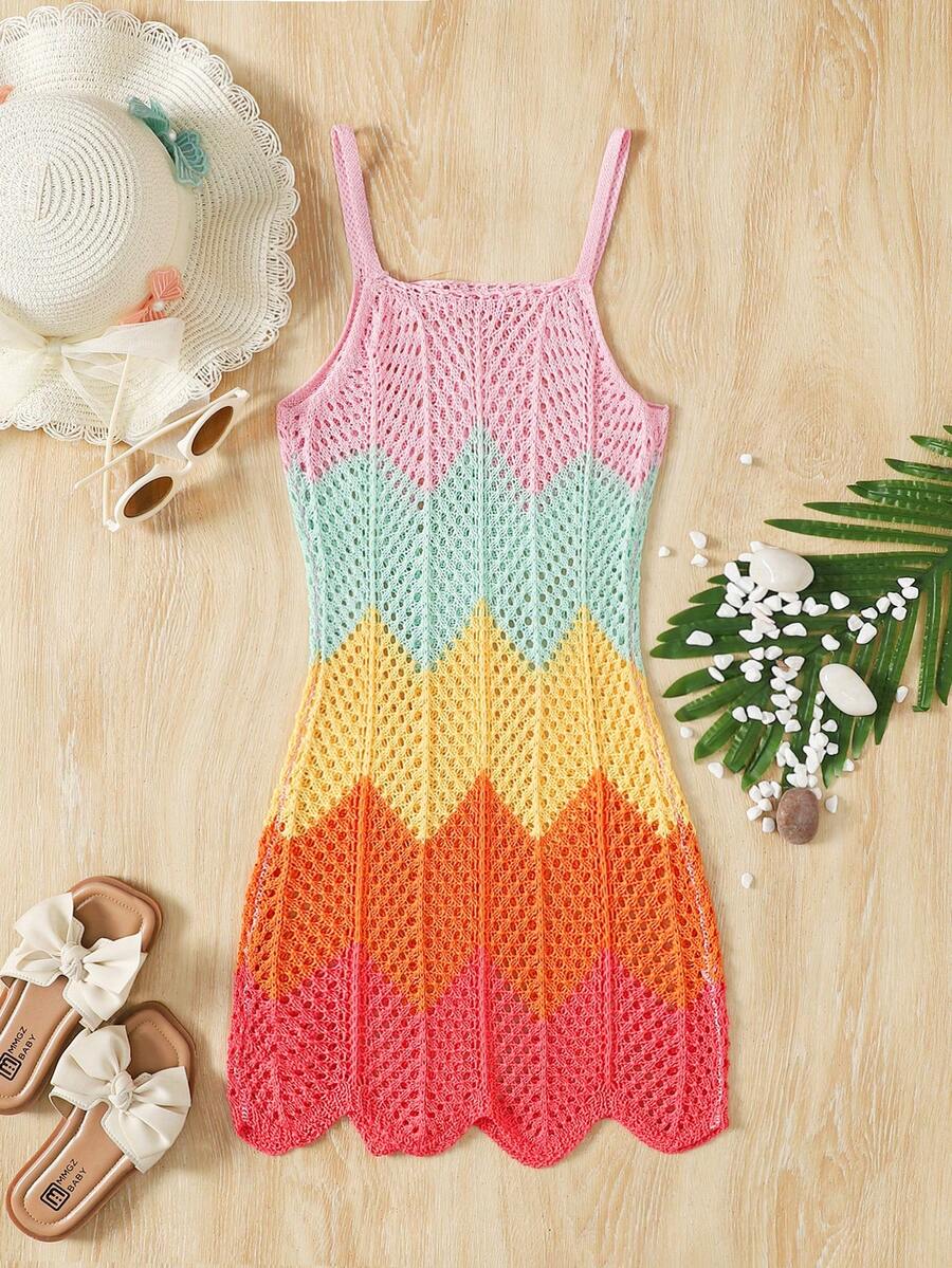 Girls' Summer Crochet Mesh Cami Dress Cover-Up, White Casual Beach Vacation Tween Girl