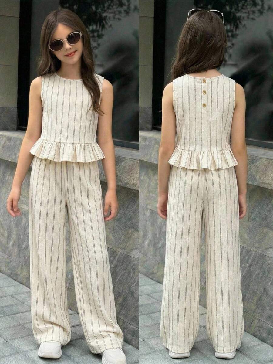 Tween girls casual apricot striped sleeveless top with round neck and ruffle hem paired with matching straight leg pants.
