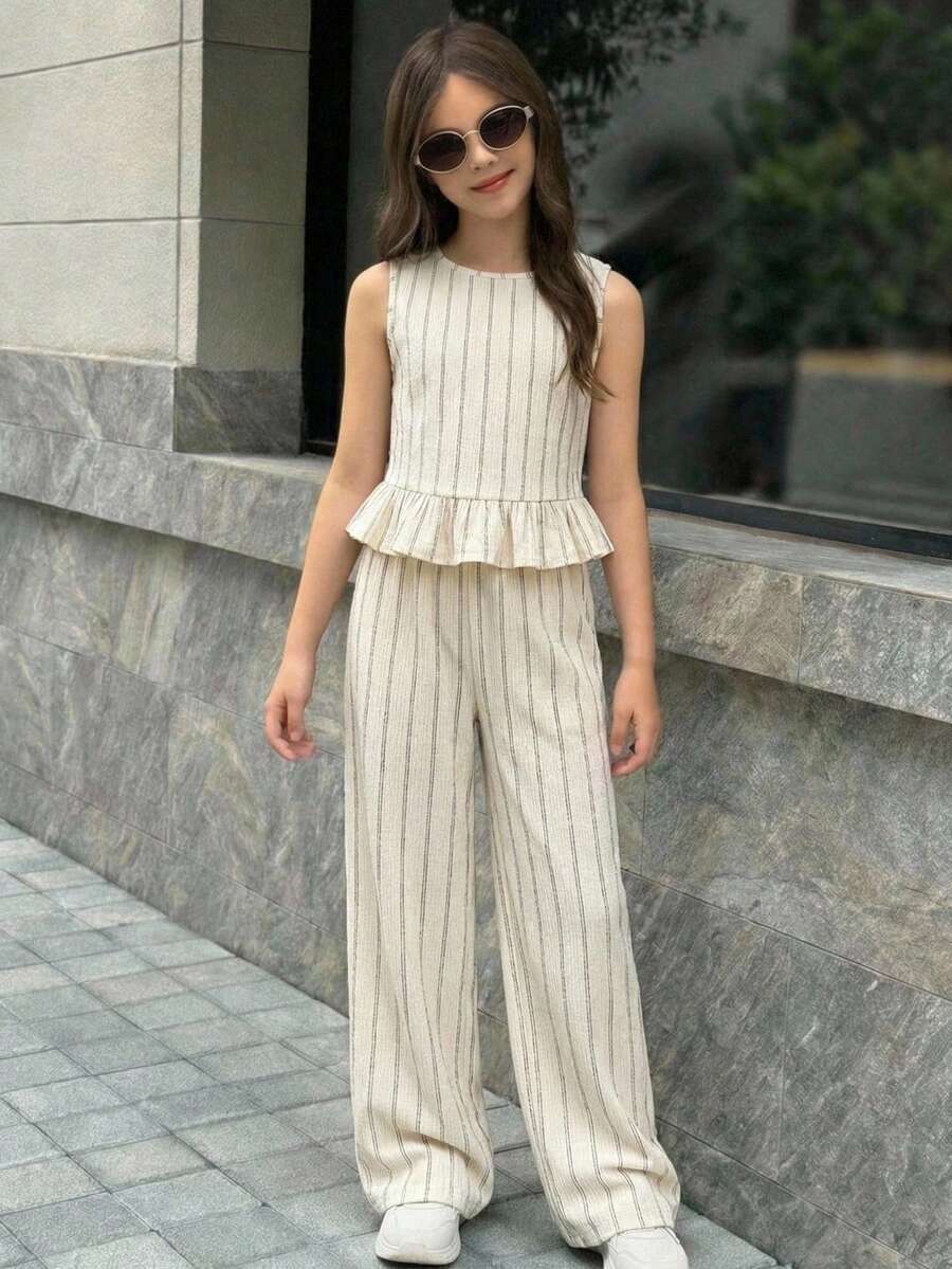 Tween girls casual apricot striped sleeveless top with round neck and ruffle hem paired with matching straight leg pants.