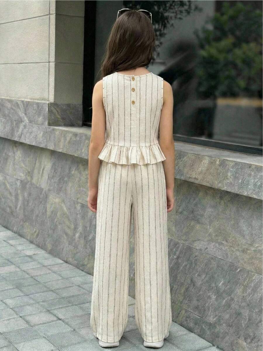 Tween girls casual apricot striped sleeveless top with round neck and ruffle hem paired with matching straight leg pants.
