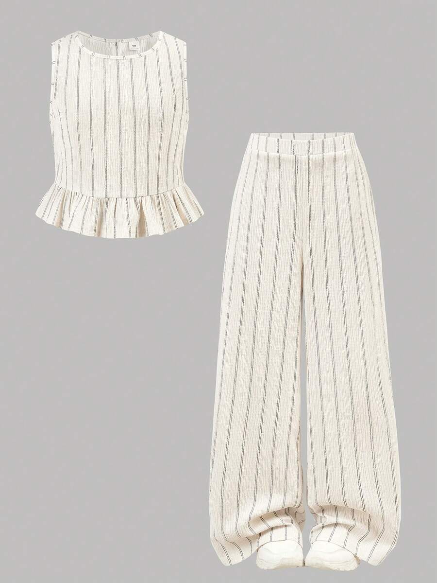 Tween girls casual apricot striped sleeveless top with round neck and ruffle hem paired with matching straight leg pants.