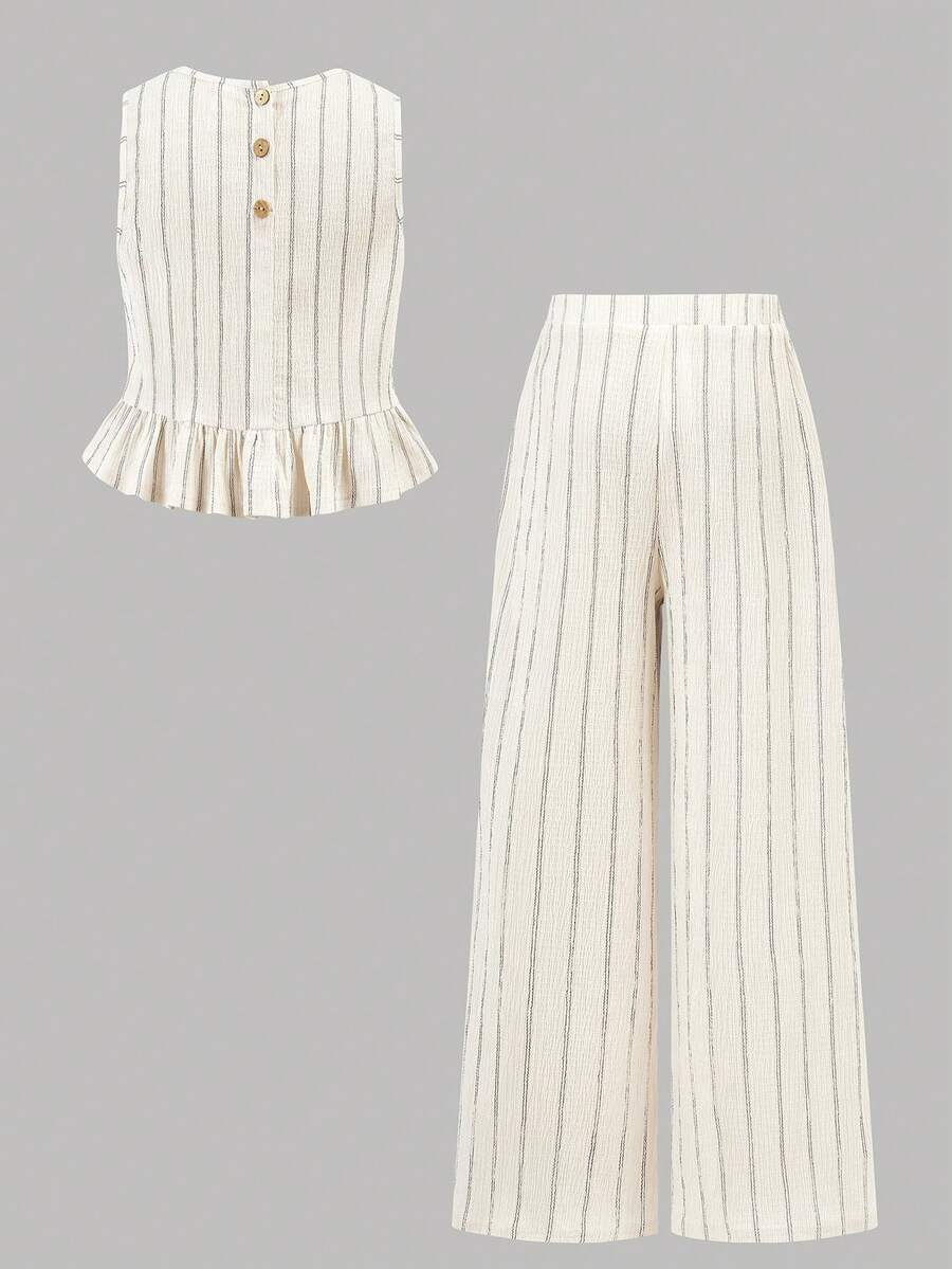 Tween girls casual apricot striped sleeveless top with round neck and ruffle hem paired with matching straight leg pants.