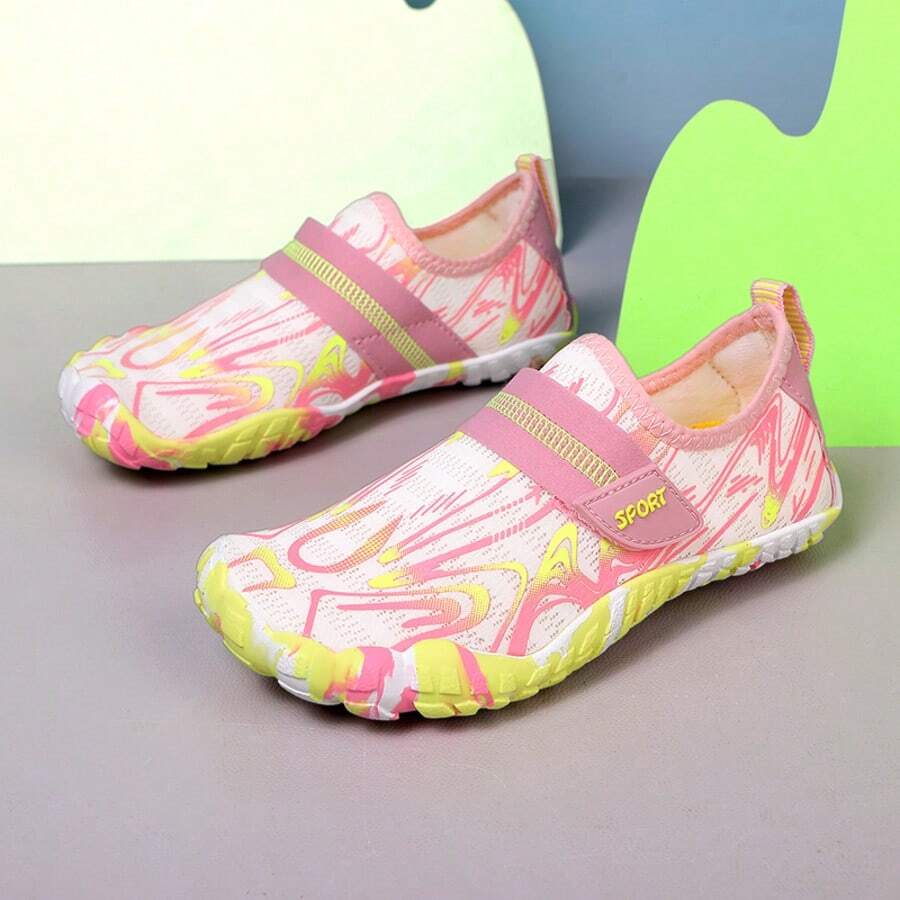 Breathable kids water shoes in white with all-over print, featuring lace-up detail and slip-on design for boys and girls.