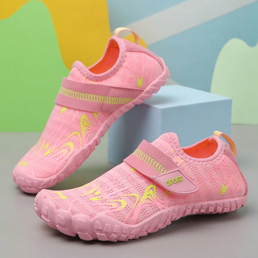 Breathable kids water shoes in white with all-over print, featuring lace-up detail and slip-on design for boys and girls.