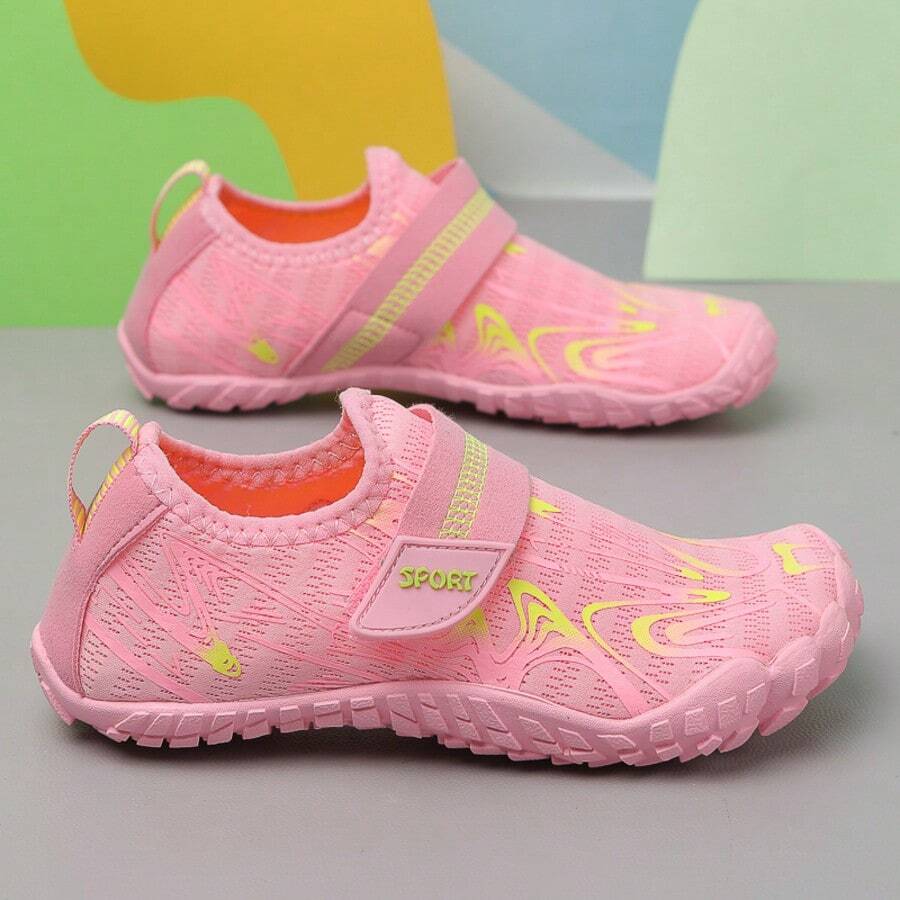 Breathable kids water shoes in white with all-over print, featuring lace-up detail and slip-on design for boys and girls.